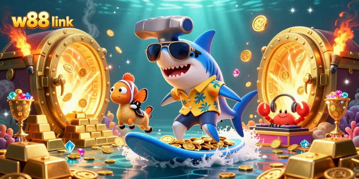 Join the excitement with w88 link as the shark surfs gold coins and treasures!