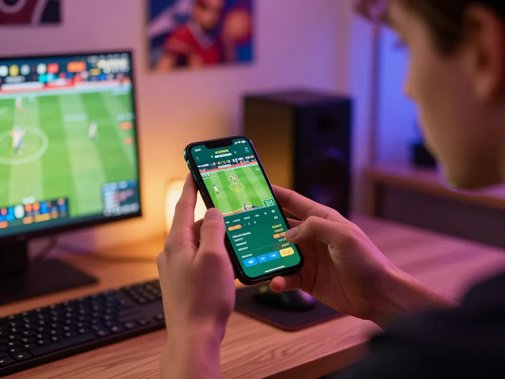 Active sports betting on mobile app featuring g28tv, displaying live odds and excitement in a cozy home