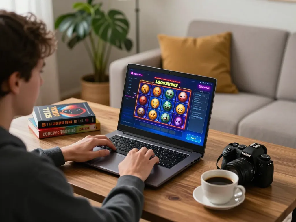 Engaged player spinning LGOSUPER slots on a laptop, promoting responsible online gambling