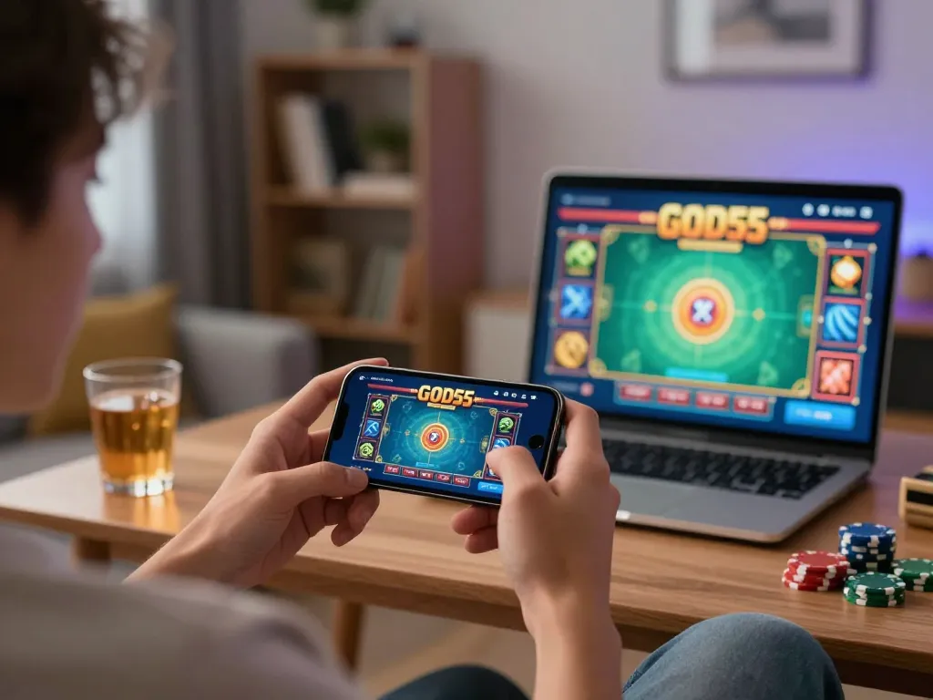 Engaging with God55 on a smartphone for an exciting online casino gaming experience at home.