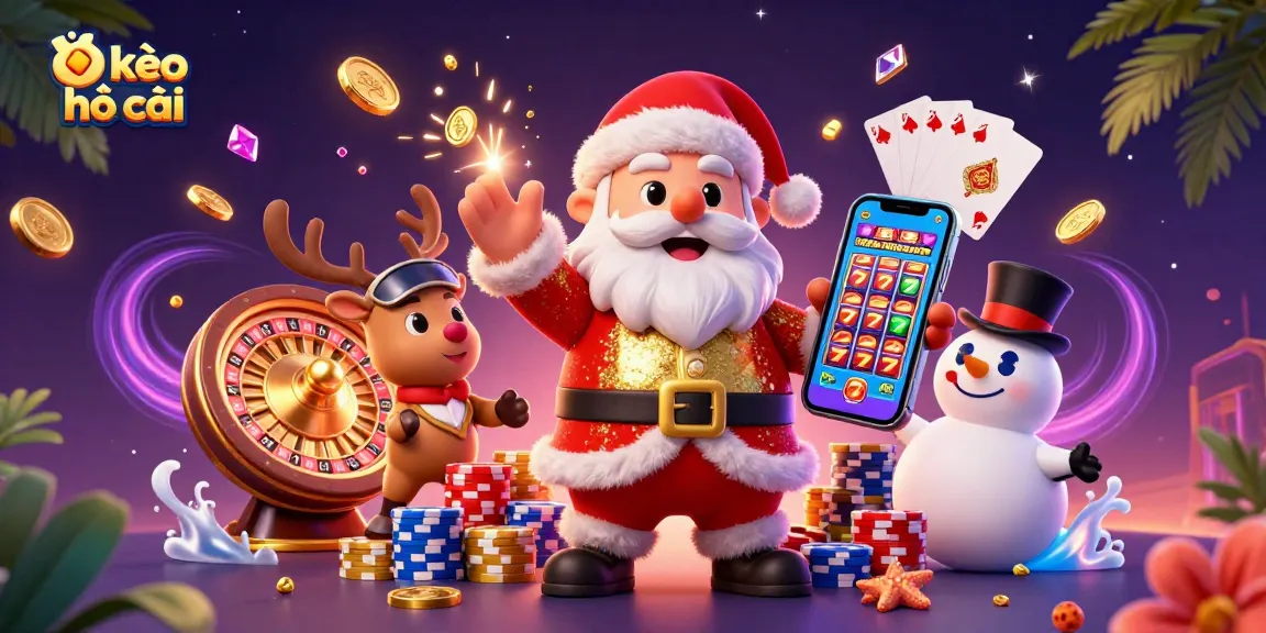 Engage with kèo nhà cái through a festive scene featuring joyful characters, casino games, and vibrant stakes.