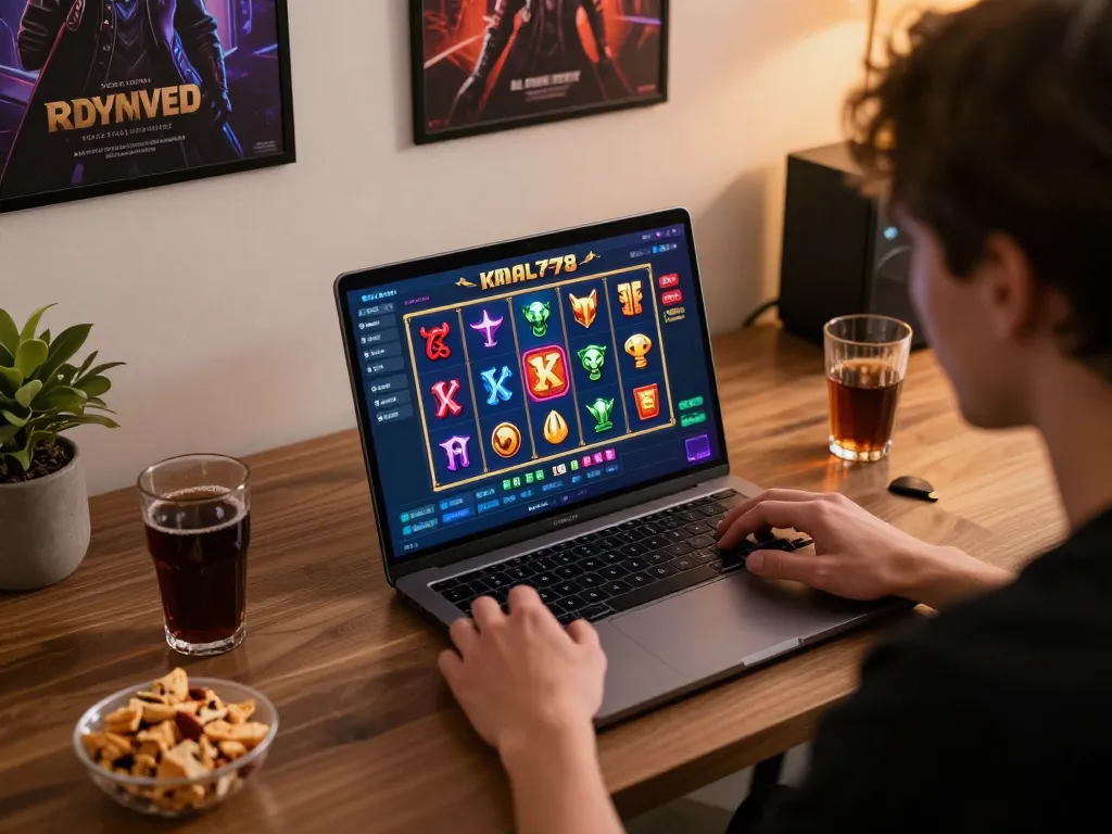 KADAL778 gameplay showcasing vibrant online slot action on a player's laptop at home.