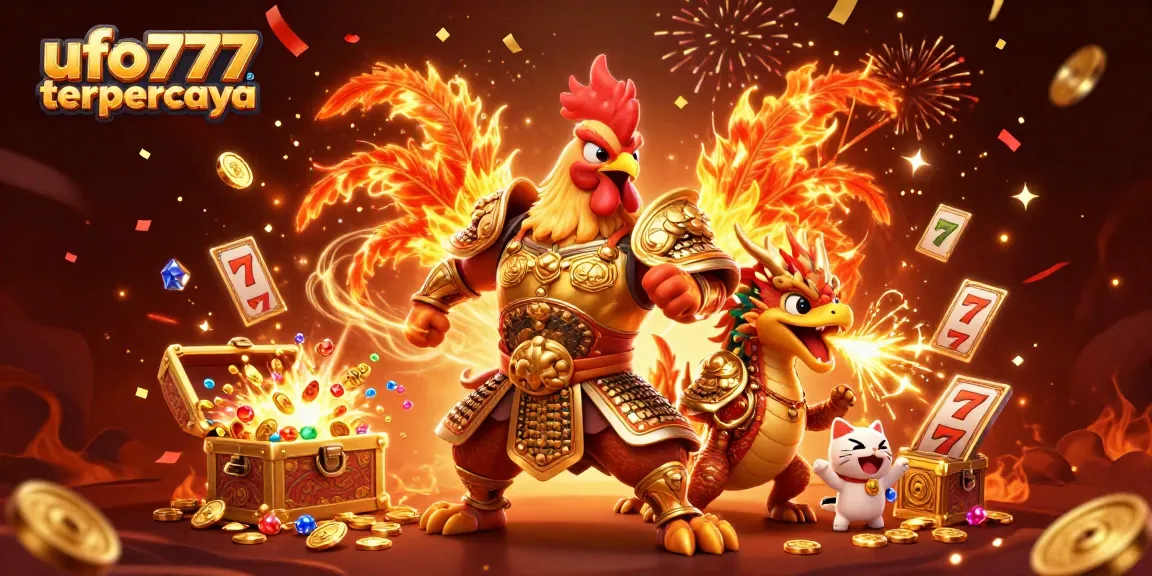 Spin to win with ufo777 terpercaya, featuring a stunning rooster warrior and dragon in a vibrant casino setting.