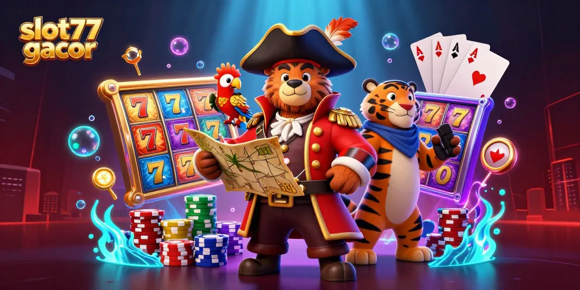 Experience thrilling gaming with slot77 gacor, featuring vibrant slot reels and adventurous characters in play.