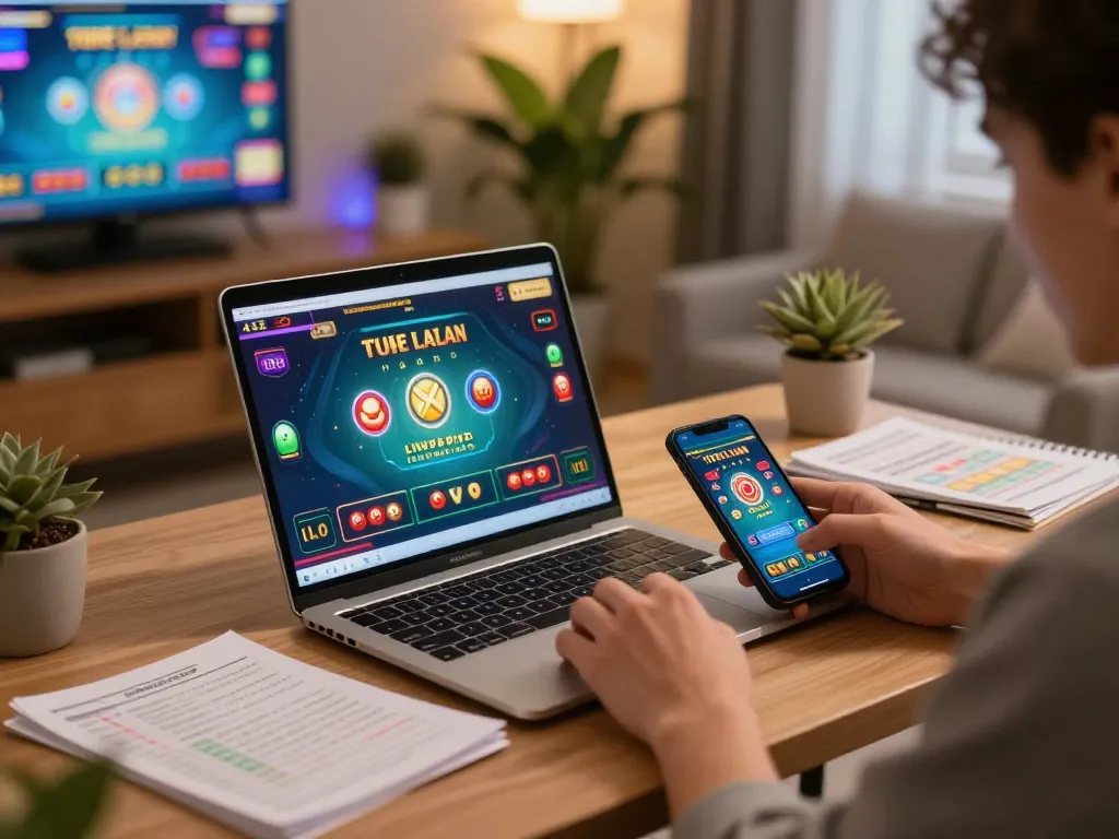 Engaging online gaming setup showcasing leci123a on laptop and smartphone, emphasizing strategic gameplay.