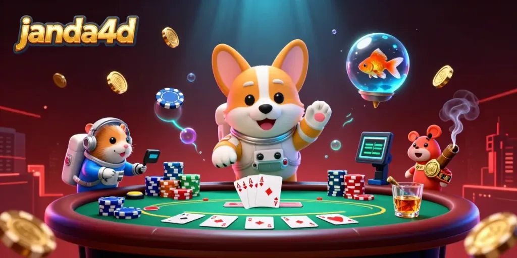Ilustrasi 3D janda4d dengan astronaut corgi, chip poker, dan suasana kasino luar angkasa