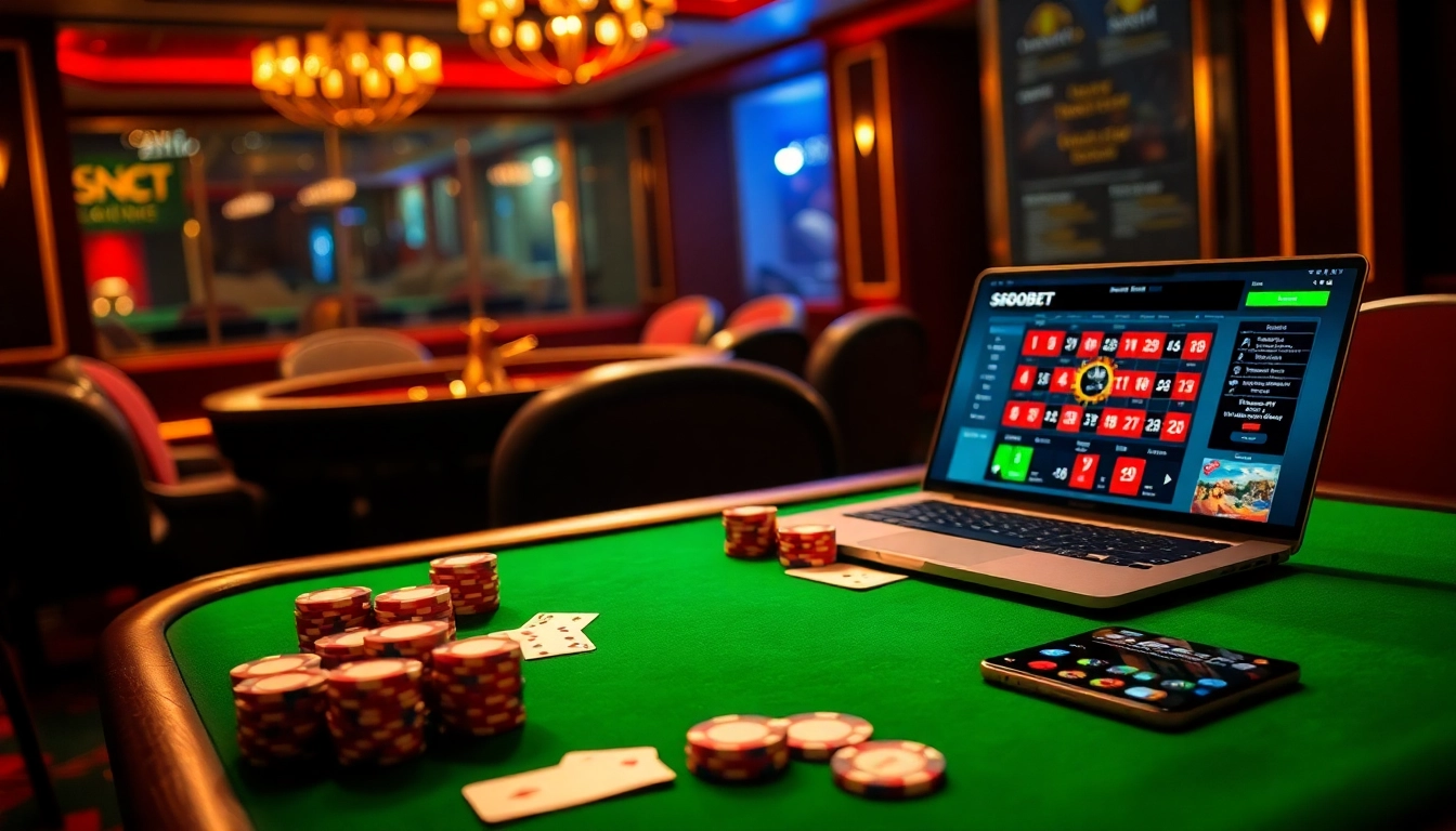 Engaging players at the sbobet login indonesia interface amid a lively poker and roulette scene.