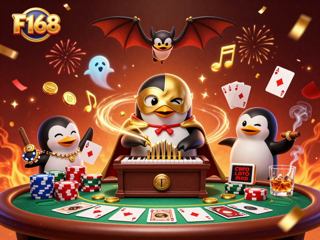 Experience excitement at F168 with colorful poker chips, golden coins, and a magical casino atmosphere.