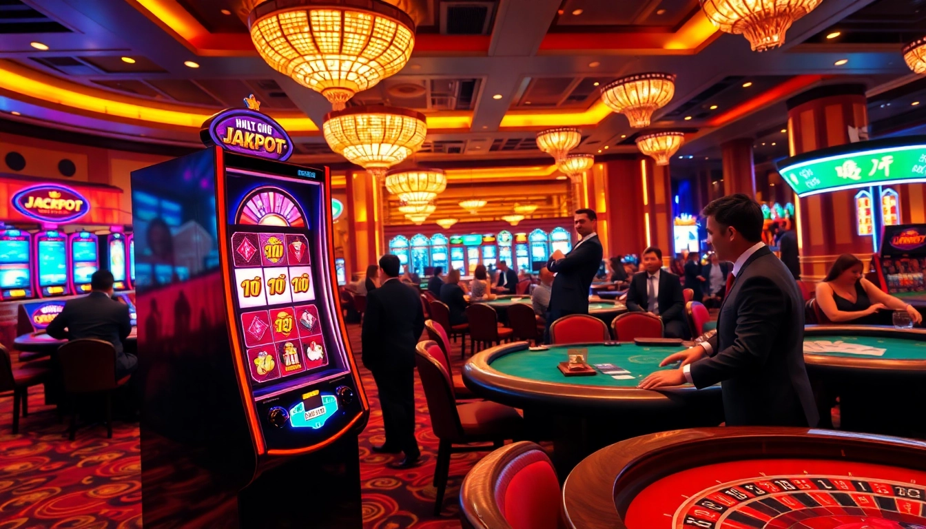 Experience the excitement of nổ hũ with a vibrant casino scene featuring slot machines and happy gamblers.