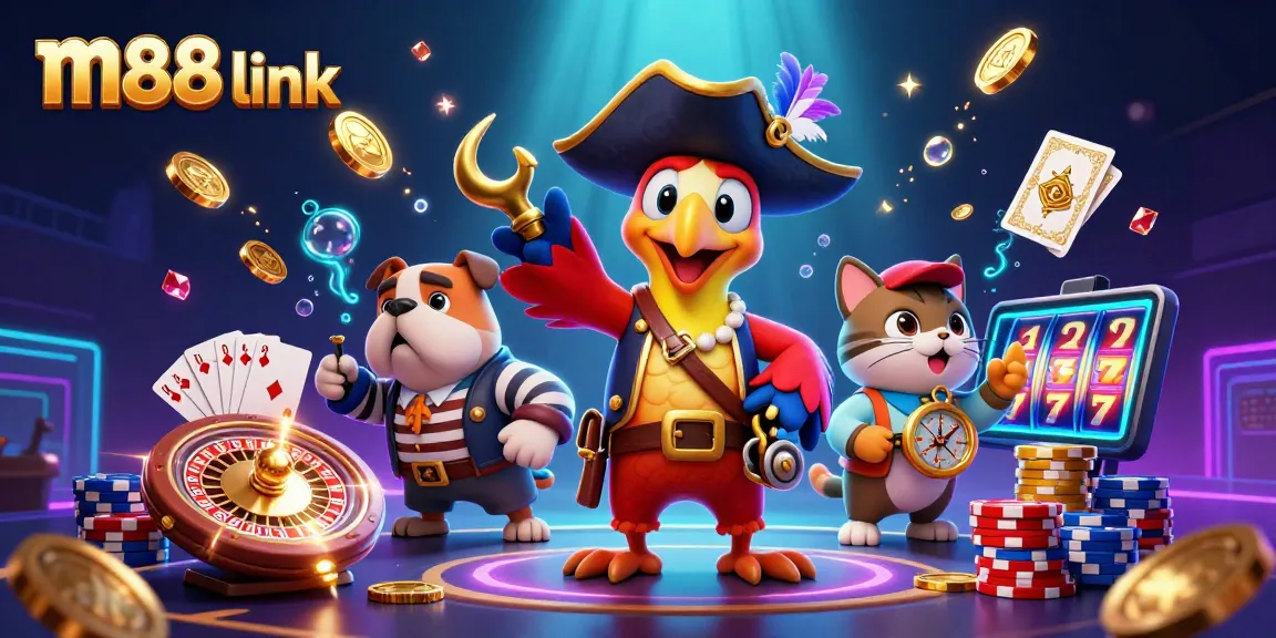 Bet big and win with m88 link, featuring vibrant casino elements and animated characters in lively action.