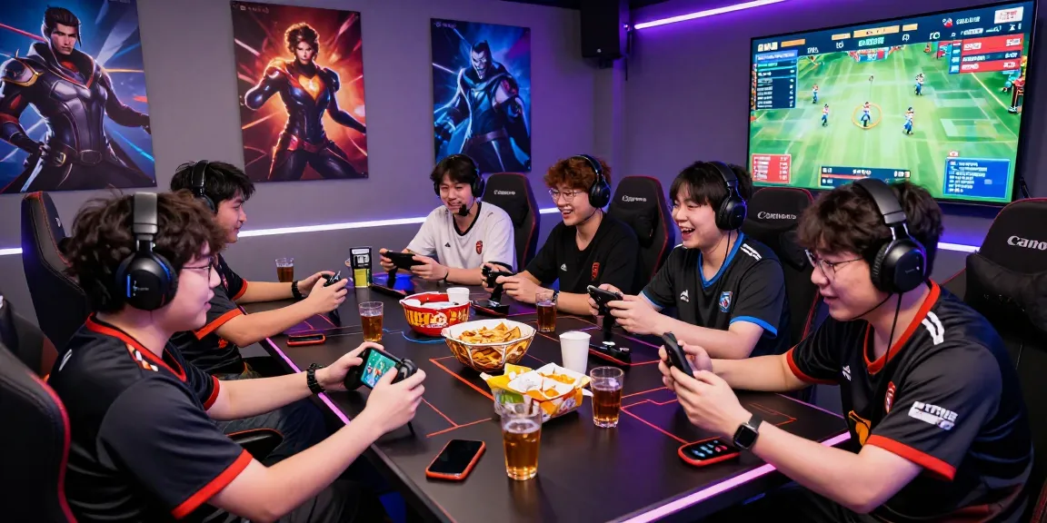Excited players engaging in AMANAHTOTO online betting game with vibrant gaming setup.