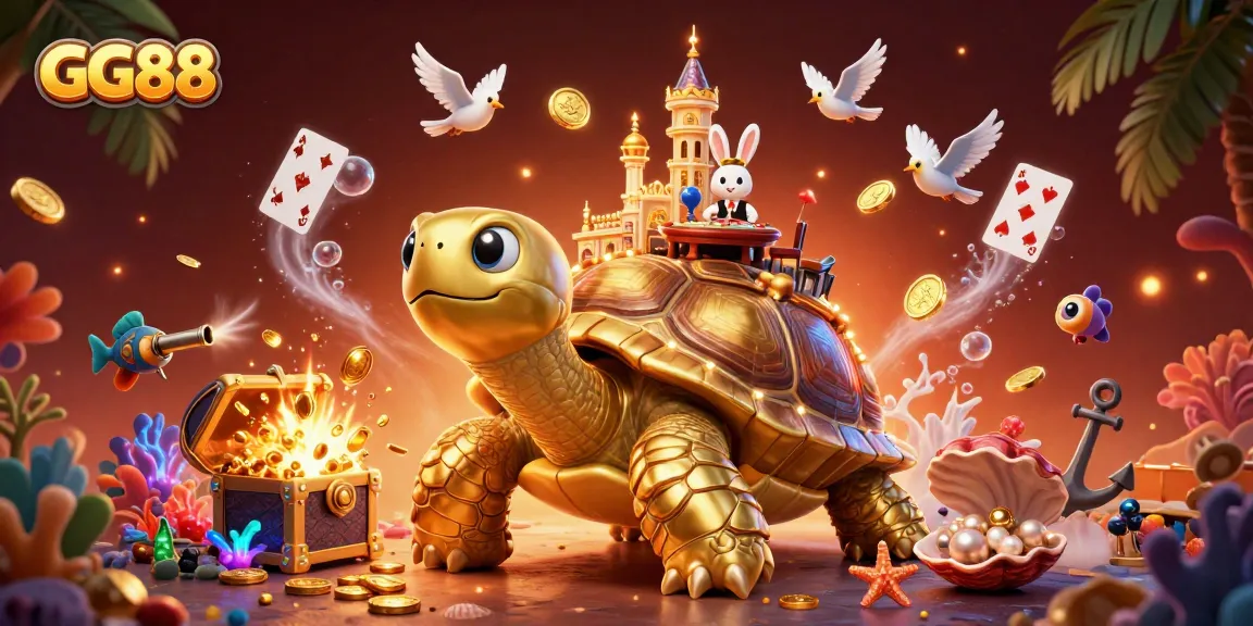 Experience thrilling gaming at GG88 as the golden tortoise carries a vibrant casino atop its shell.