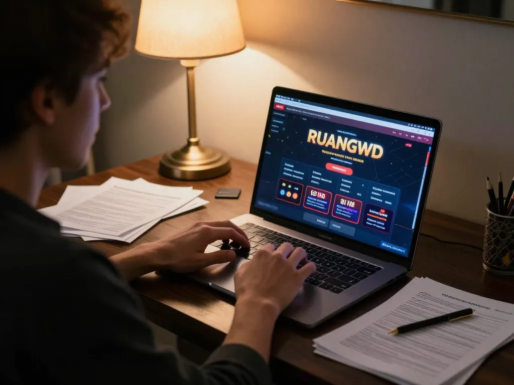 Engaging online gambling session at home featuring RUANGWD casino interface on laptop.