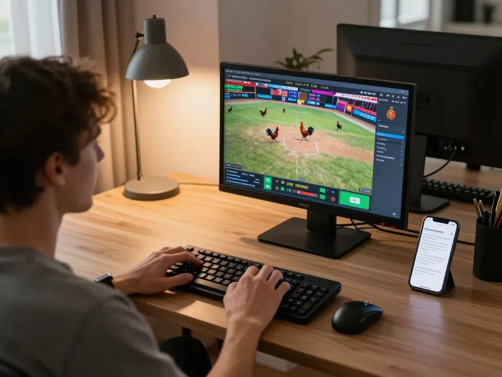 Xem đá gà trực tiếp HD trên máy tính bảng trong một buổi chơi game tại nhà ấm cúng, làm nổi bật các yếu tố chiến lược trong trò chơi.