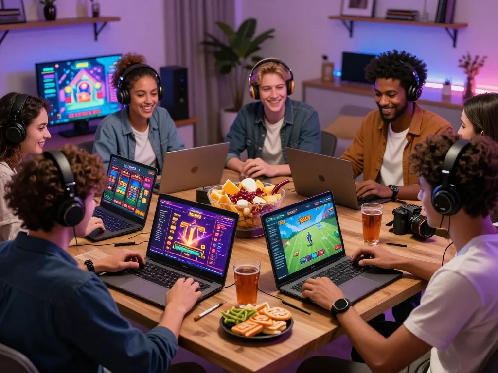 Engage in thrilling gaming at https://xx88jp.com/ with friends amidst a lively, vibrant setting.