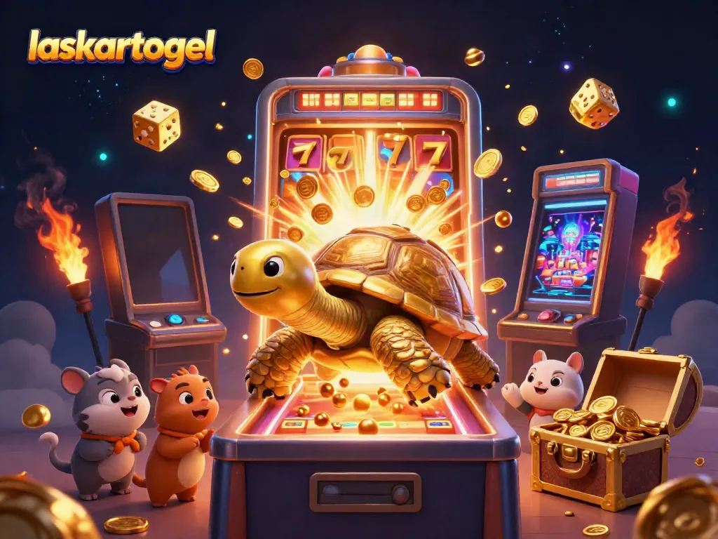 Engage in exciting gameplay with laskartogel's vibrant casino scene featuring a golden tortoise pinball machine.