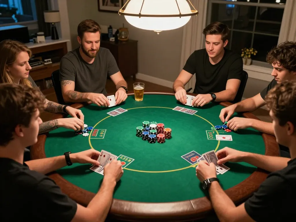 Players enjoying a home poker game with tr88vina chips, capturing the excitement of strategic gameplay and social interaction.