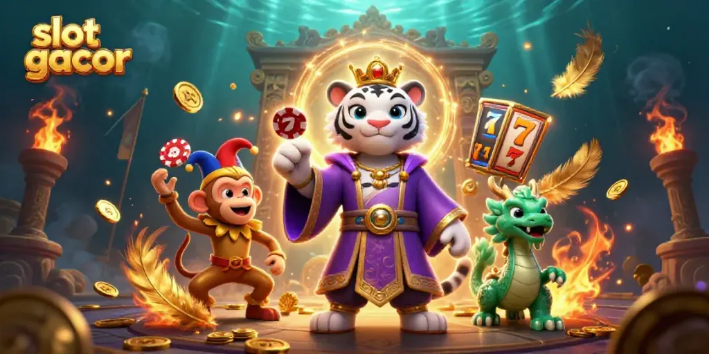 Experience exhilarating gameplay with slot gacor, featuring an elegant tiger and playful monkey in a vibrant casino setting.