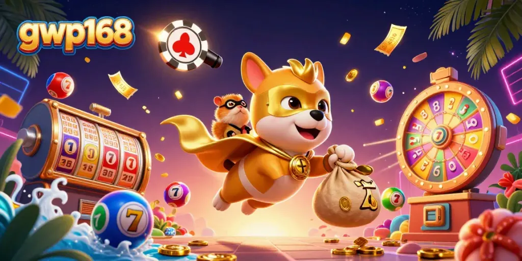 GWP168 menghadirkan permainan slot menarik dengan karakter superhero dan elemen keberuntungan dalam ilustrasi 3D.
