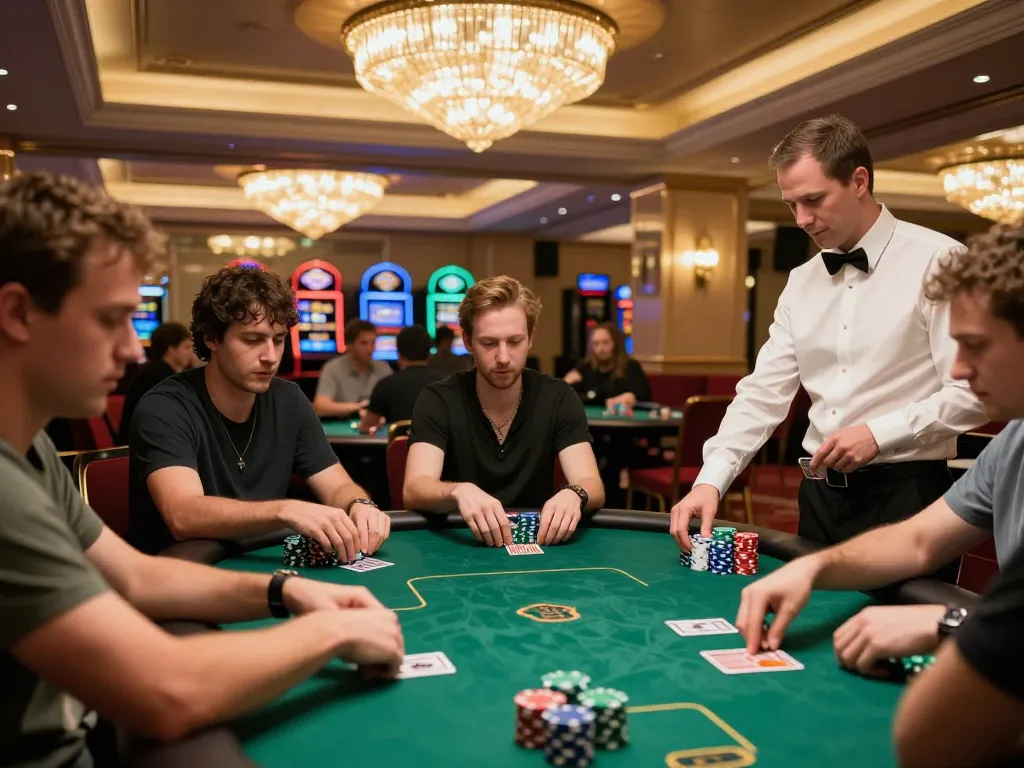 Poker players strategizing their game at du88 table with vibrant chips in luxury casino