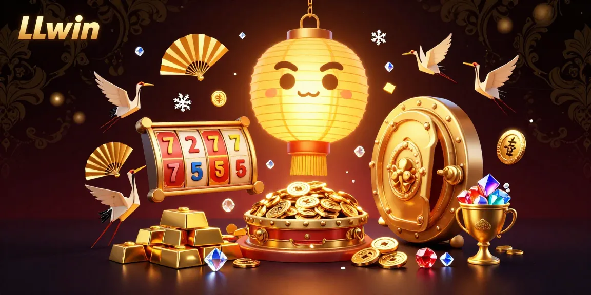 Players enjoy gambling excitement at LLwin online casino, illuminated by a golden lantern spirit and rich treasures.