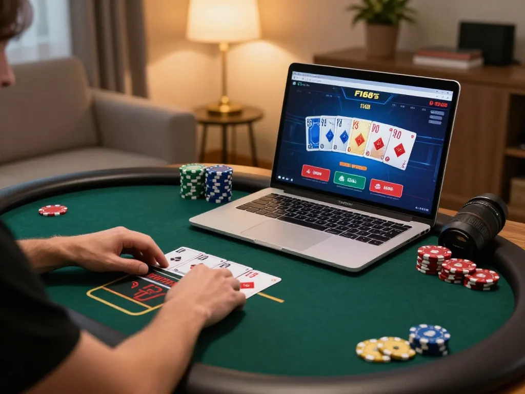 F168 user placing strategic bets in an online poker game from a cozy home setup