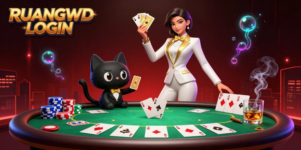 Engage in gaming excitement with RUANGWD LOGIN as a glamorous woman shuffles cards with a stylish cat at a vibrant poker table.