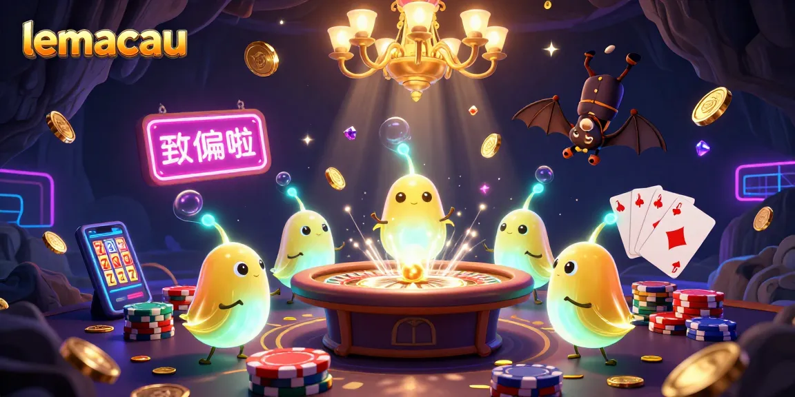 Lemacau live casino illustration with glowworms and a bat dealer amidst vibrant casino elements.