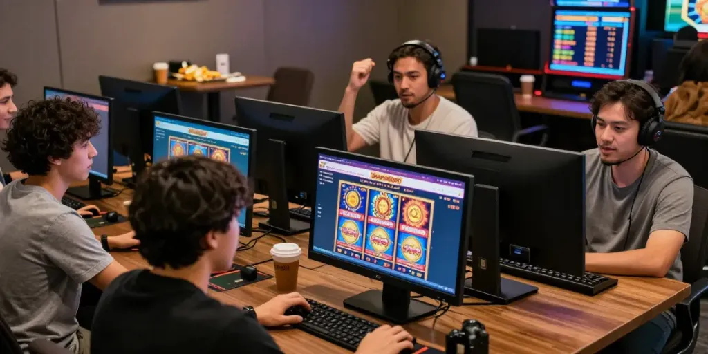 Players engaging with slot gacor games on Kaptenjackpot's vibrant online platform, showcasing excitement and community.