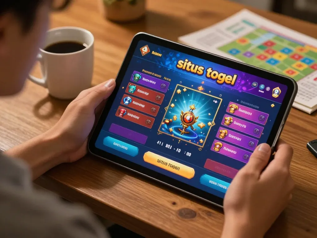 Pemain situs togel terlibat dalam taruhan online di tablet dengan grafik yang cerah di pengaturan rumah yang nyaman.