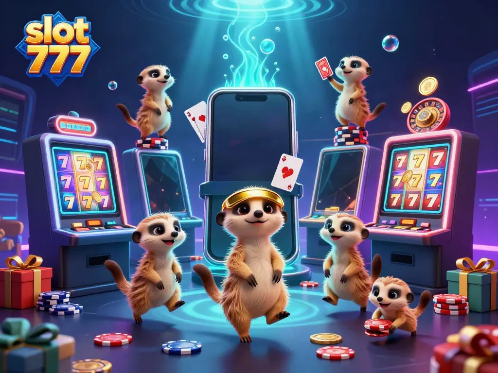 Meerkat menjalankan operasi kasino dengan slot 777 dan smartphone, memicu jackpot dalam suasana penuh warna.