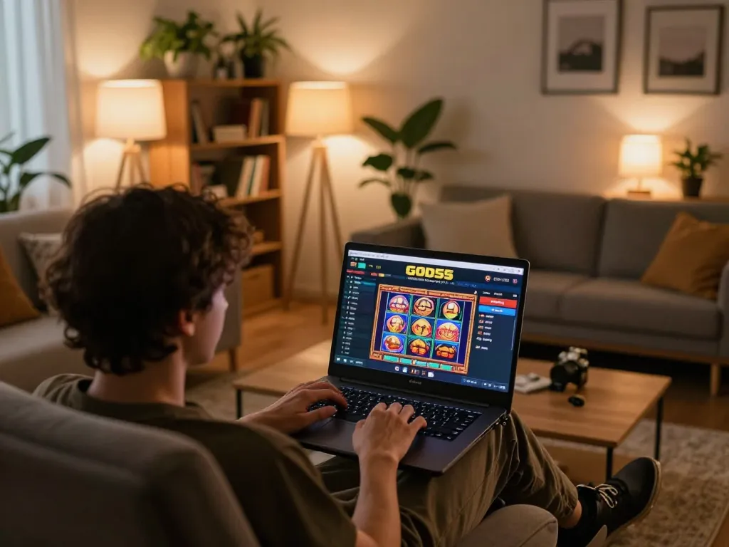 Player engaging with God55 online casino game on a laptop in a cozy home setting
