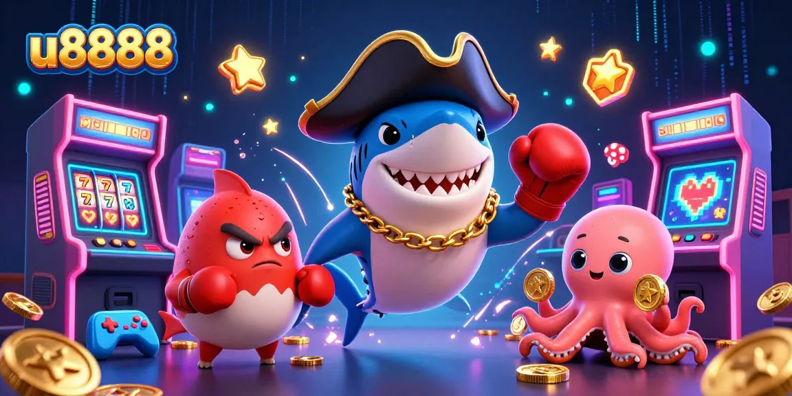 Engage with u8888 in a vibrant casino scene featuring a shark, pufferfish, and octopus.