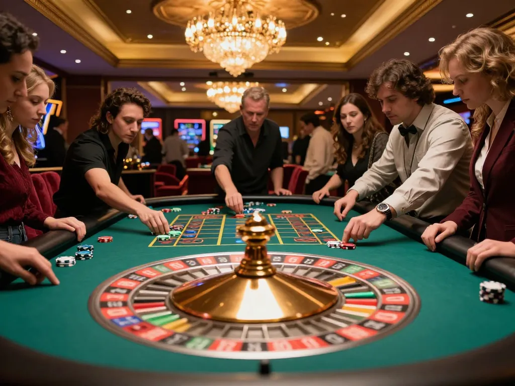 FC88 featuring vibrant roulette gameplay with excited players, colorful chips, and shining casino lights.