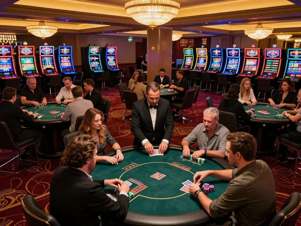Players enjoying intense gameplay at a vibrant casino floor during an evening event with poker tables visible, embodying the spirit of 88aa.