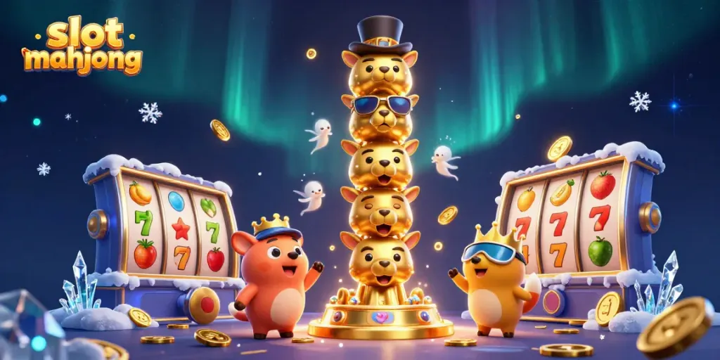 Engage with the thrilling slot mahjong game featuring dynamic characters, slot reels, and gold coins.