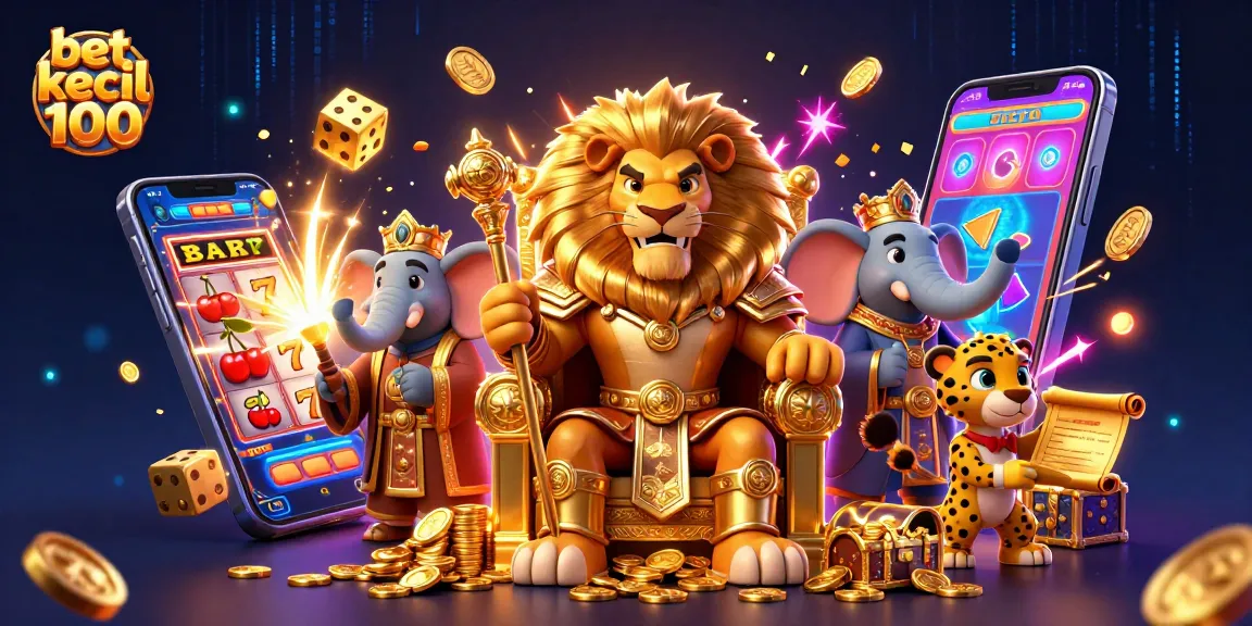 Experience thrilling gameplay with bet kecil 100 in a vibrant 3D casino illustration featuring a lion king and jackpot.