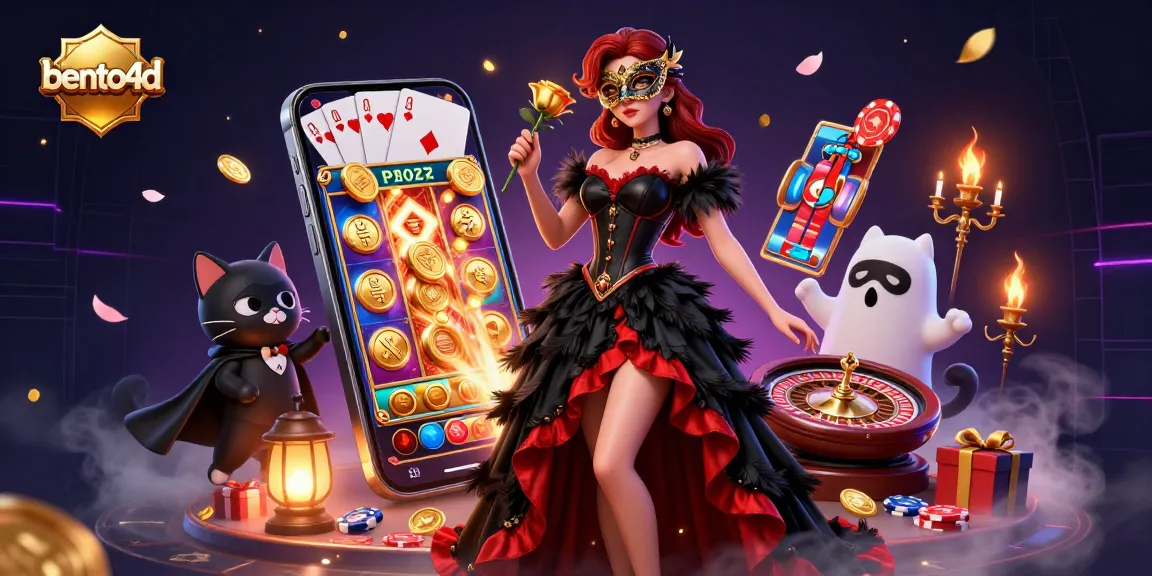Bento4d menampilkan aksi kasino yang hidup dengan seorang wanita semi-realistis dalam gaun dramatis di tengah permainan 3D dan elemen yang dinamis.