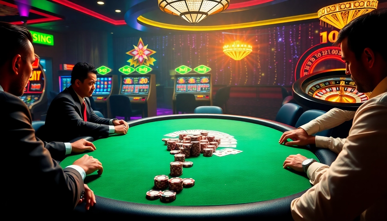 Exciting gambling scene at i9bet with players at a poker table and vibrant casino elements.