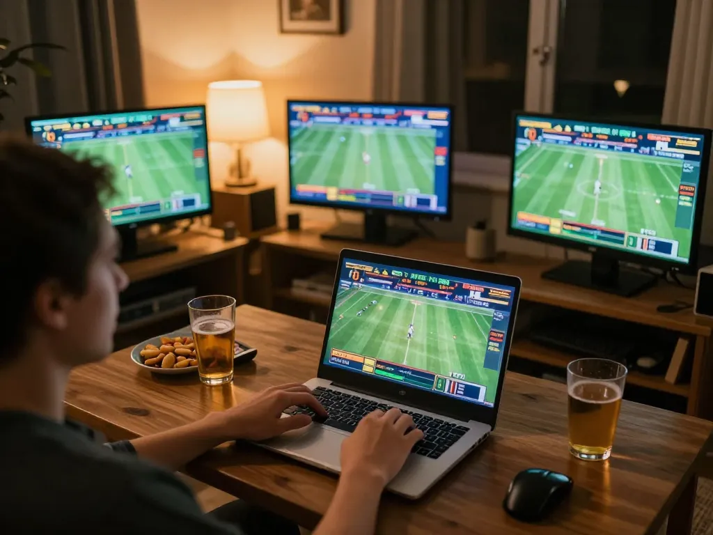 mm88 player engaging in online sports betting at home with multiple screens displaying live games