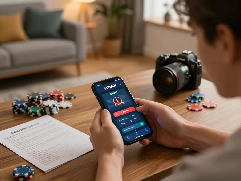 SUNWIN player strategizing in a cozy living room during a mobile gaming session.