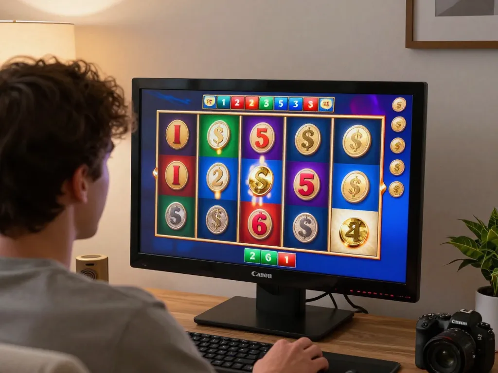 Player enjoying winning spins on situs slot in vibrant home environment showcasing online gaming