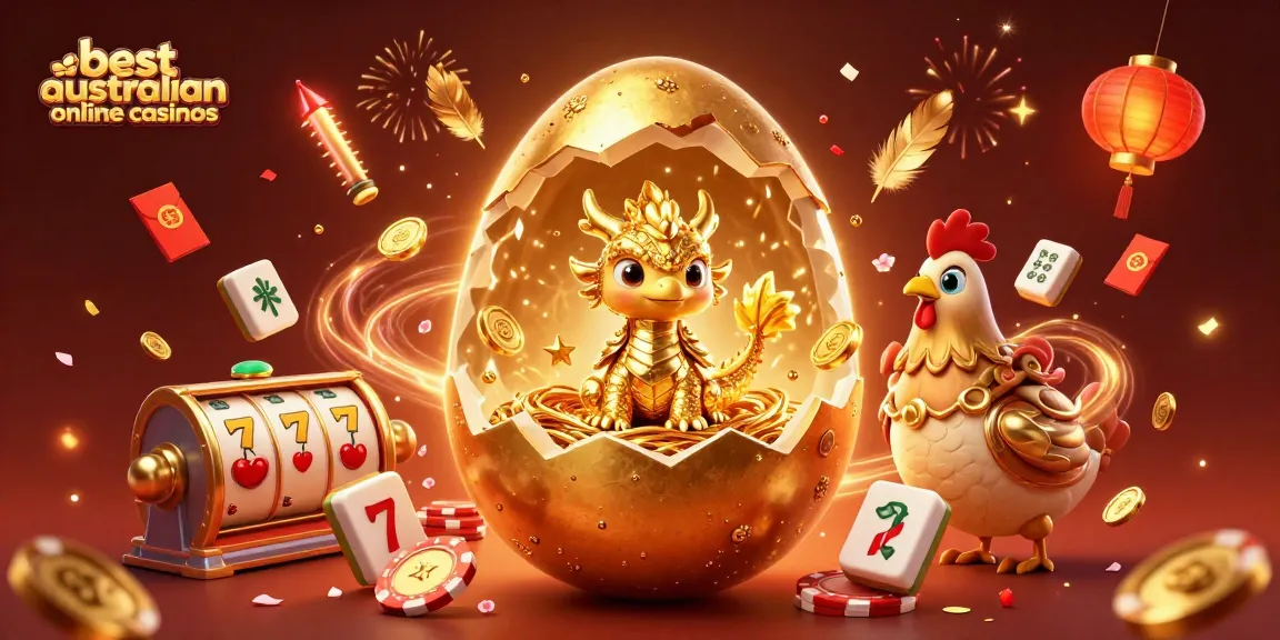 Experience the excitement at the best australian online casinos with a golden dragon guarding poker chips amidst festive elements.