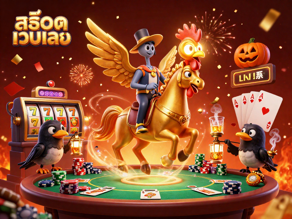 Spin the reels in a vibrant casino scene featuring สล็อตเว็บตรง elements, showcasing winning jackpots and lively characters.