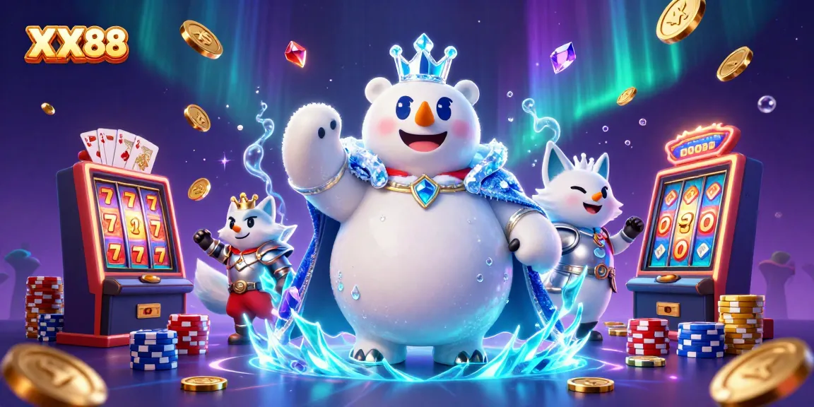 Engage with XX 88 themed online casino illustration showcasing a 3D ice king polar bear amidst gold coins and dynamic slots.