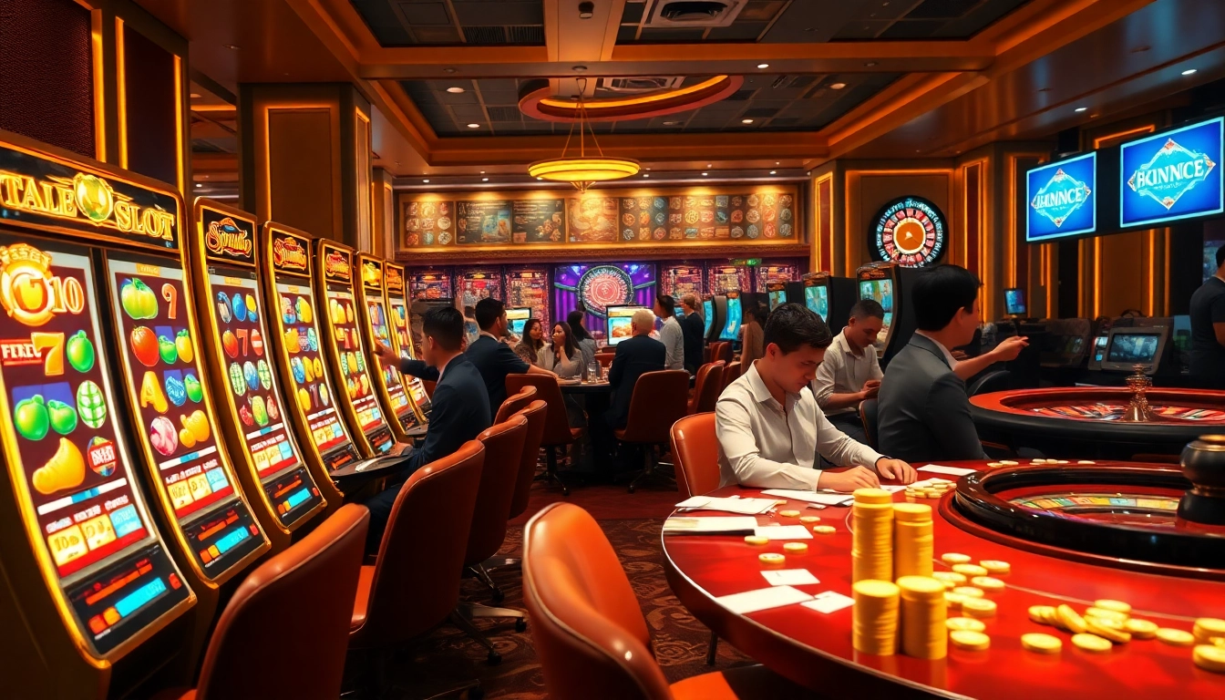 Engaged players spinning game nổ hũ slots with vibrant jackpots and chips in a luxury casino setting