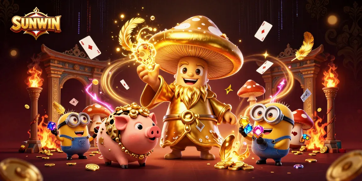 SUNWIN gamblers enjoying vibrant casino atmosphere with golden wizard and treasures.