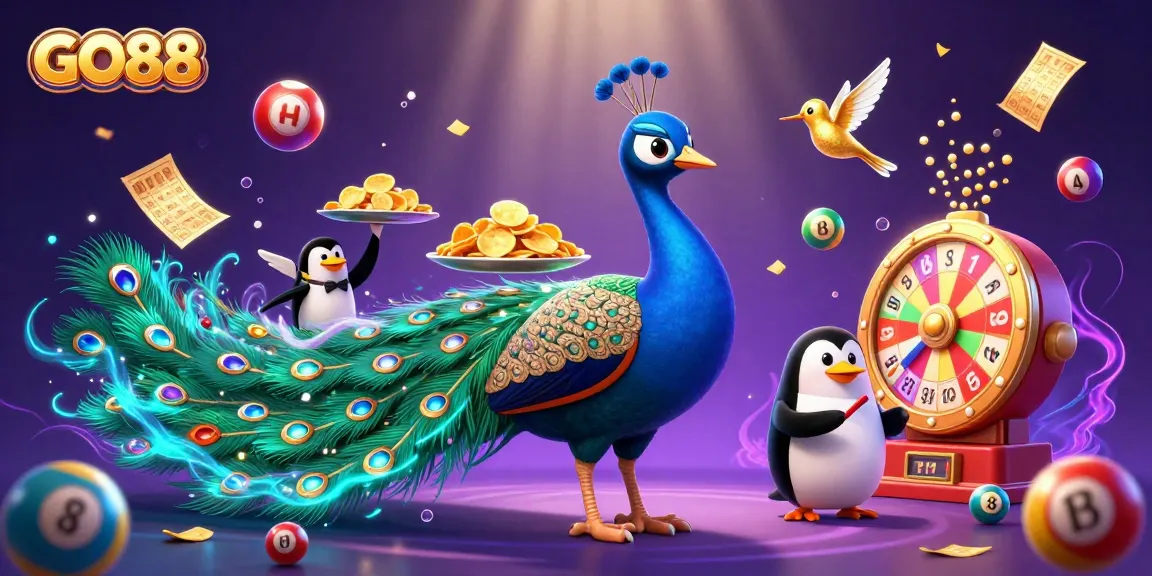 Experience excitement with GO88 in this vibrant casino-themed illustration featuring games and lottery elements.