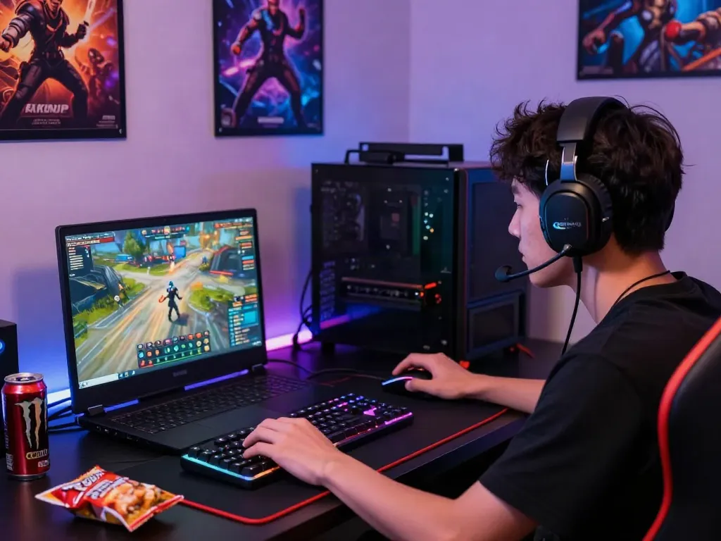 Player engaged in intense gaming session on akunjp platform, vibrant gaming room with dynamic lighting and modern setup.