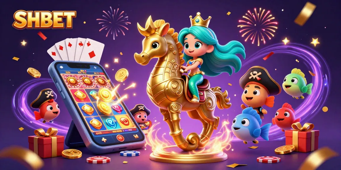 SHBET slots excitement with a mermaid and her seahorse amidst colorful casino elements.